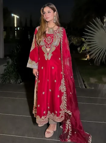 MODERN CHINON SILK THREAD & SEQUENCE EMBROIDERY WORK TOP, BLOUSE ,BOTTOM AND WITH DUPATTA RED