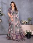 MODERN COTTON SILK DIGITAL PRINT & JACQUARD BORDER WITH FANCY TASSEL WORK SAREE WITH UNSTITCHED BLOUSE GREY