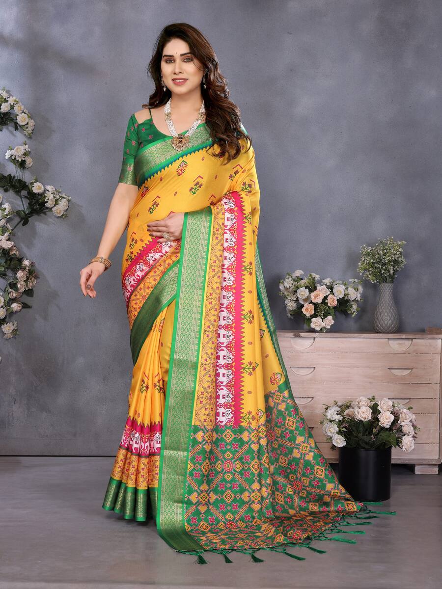 MODERN COTTON SILK DIGITAL PRINT & JACQUARD BORDER WITH FANCY TASSEL WORK SAREE WITH UNSTITCHED BLOUSE FESTIVE WEAR WHOLESALE PRICE ETHNIC GARMENT (9)