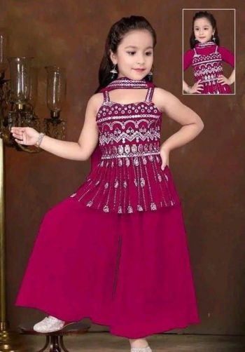 MODERN CREPE EMBRODIRY WORK KID'S TOP PALAZZO WITH DUPATTA PINK
