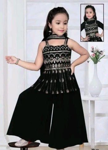 MODERN CREPE EMBRODIRY WORK KID'S TOP PALAZZO WITH DUPATTA BLACK