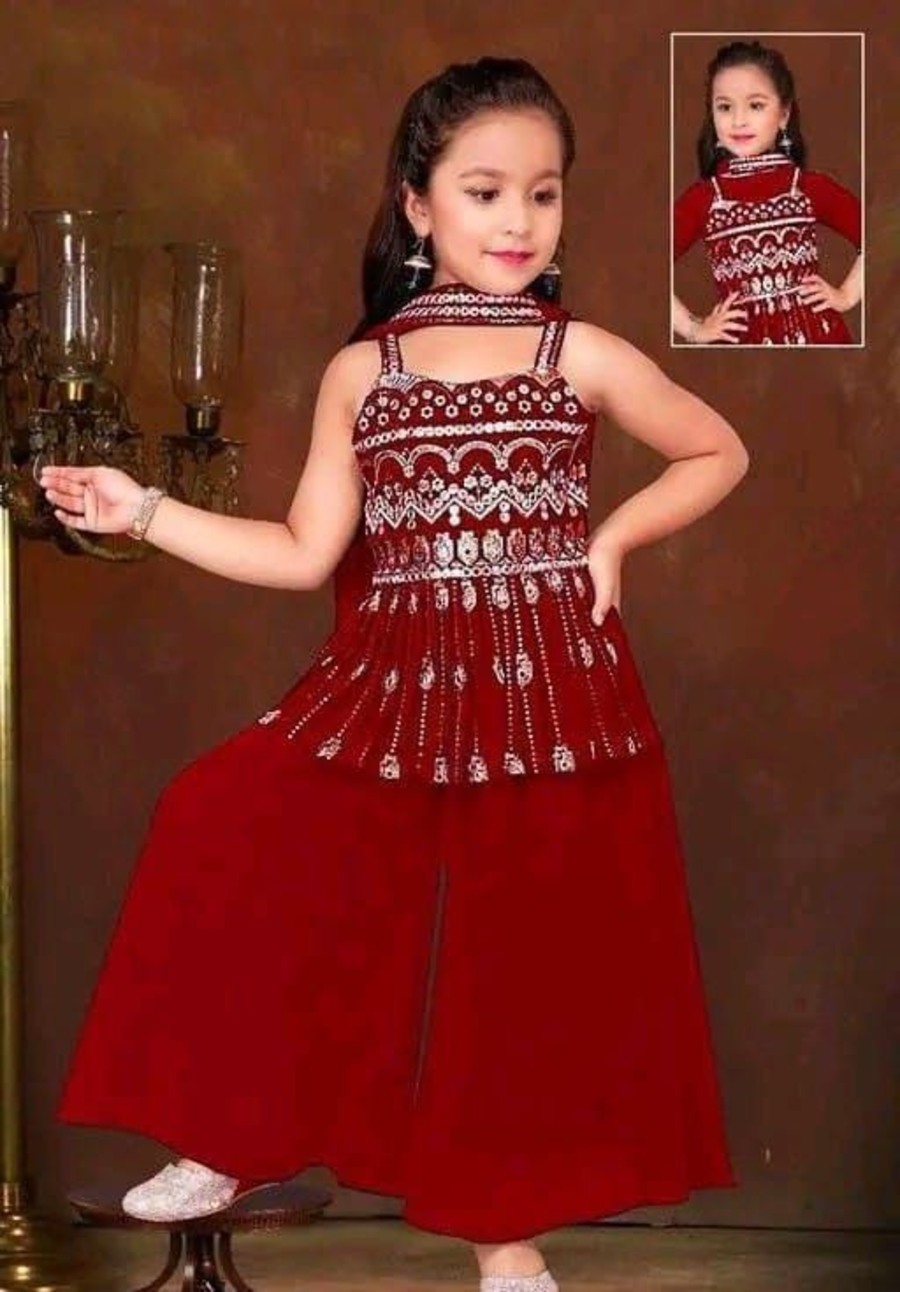 MODERN CREPE EMBRODIRY WORK KID'S TOP PALAZZO WITH DUPATTA FESTIVE WEAR WHOLESALE PRICE ETHNIC GARMENT (4)