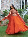 MODERN FENDY SILK EMBROIDERY SEQUENCE & THRED WORK LEHENGA CHOLI WITH SHRUG STYLE DUPATTA ORANGE