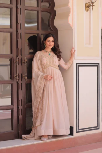 MODERN GEORGETTE BEADS & SEQUENCE MULTI EMBROIDERY WORK GOWN WITH DUPATTA BABY PINK
