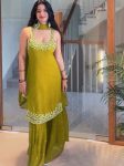 MODERN GEORGETTE BEADS WITH THREAD & SEQUENCE WORK TOP SHARARA WITH DUPATTA PARROT GREEN