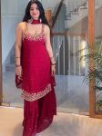 MODERN GEORGETTE BEADS WITH THREAD & SEQUENCE WORK TOP SHARARA WITH DUPATTA RED