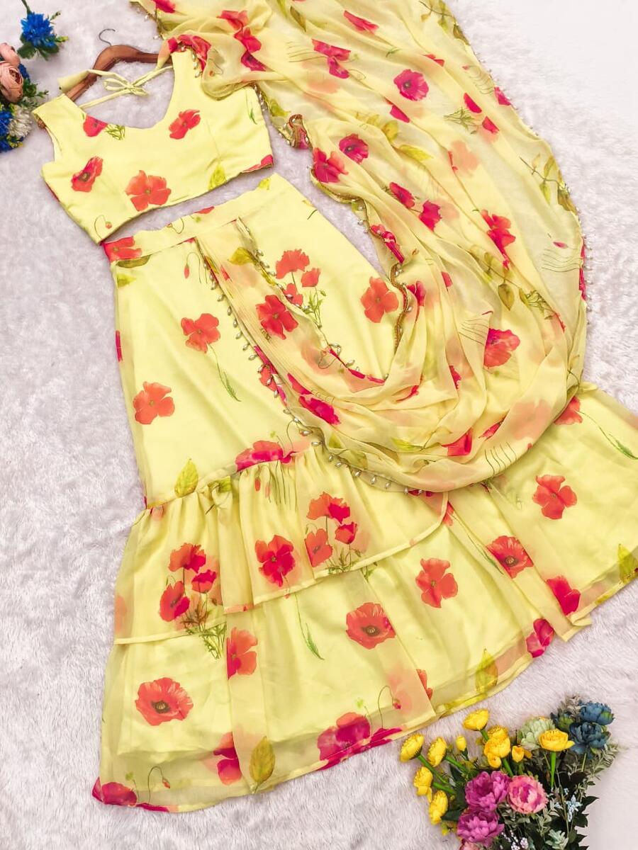 MODERN GEORGETTE DIGITAL PRINT 3-LAYER RUFFLE WORK LEHENGA SAREE WITH STITCHED BLOUSE PARTY WEAR WHOLESALE PRICE ETHNIC GARMENT (1)