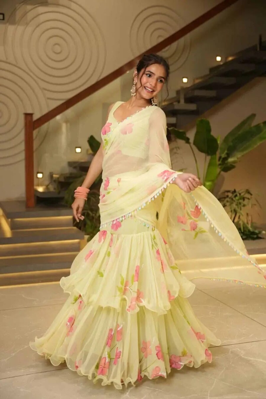MODERN GEORGETTE DIGITAL PRINT 3-LAYER RUFFLE WORK LEHENGA SAREE WITH STITCHED BLOUSE PARTY WEAR WHOLESALE PRICE ETHNIC GARMENT (2)
