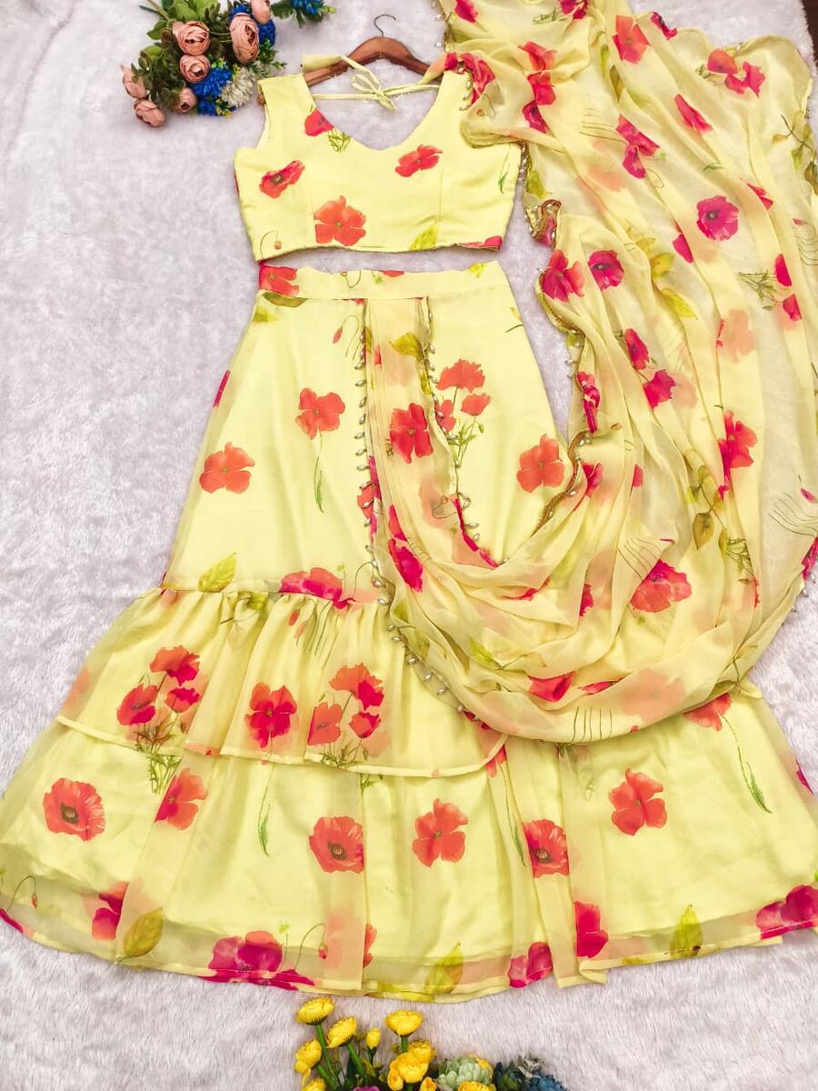 MODERN GEORGETTE DIGITAL PRINT 3-LAYER RUFFLE WORK LEHENGA SAREE WITH STITCHED BLOUSE PARTY WEAR WHOLESALE PRICE ETHNIC GARMENT (8)