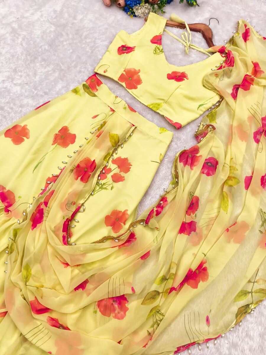 MODERN GEORGETTE DIGITAL PRINT 3-LAYER RUFFLE WORK LEHENGA SAREE WITH STITCHED BLOUSE PARTY WEAR WHOLESALE PRICE ETHNIC GARMENT (9)