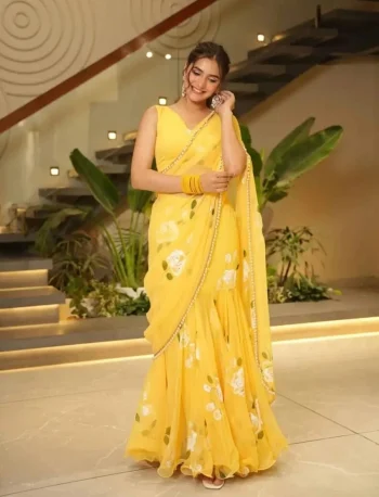 MODERN GEORGETTE DIGITAL PRINT WORK LEHENGA SAREE WITH STITCHED BLOUSE YELLOW