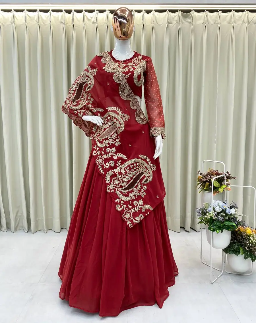 MODERN GEORGETTE DIGITAL PRINTED WITH CODING SEQUENCE EMBROIDERY WORK LEHENGA CHOLI WITH SHRUG PARTY WEAR WHOLESALE PRICE ETHNIC GARMENT (6)