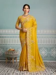 MODERN GEORGETTE EMBROIDERY CUTWORK WORK ARCO BORDER WORK SAREE WITH UNSTITCHED BLOUSE YELLOW