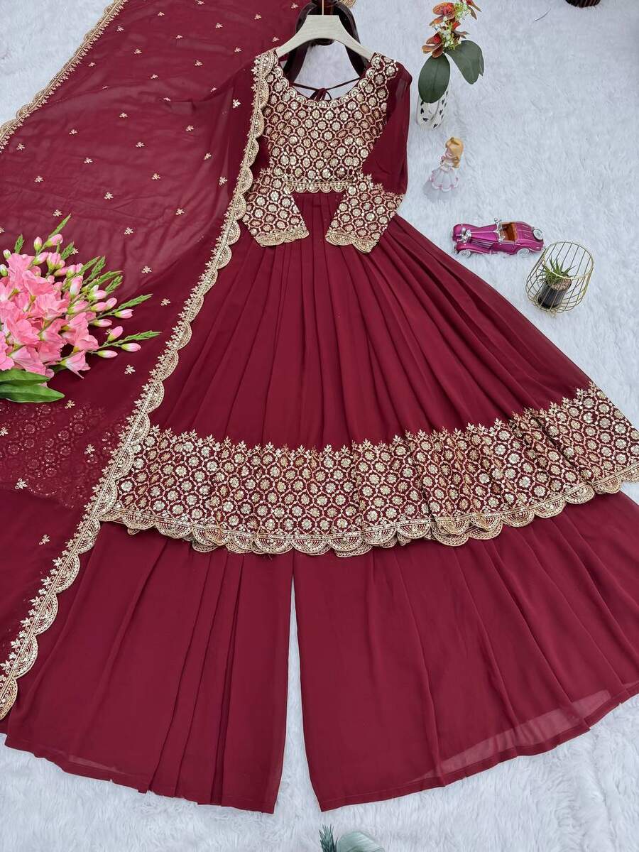 MODERN GEORGETTE EMBROIDERY & SEQUENCE WORK GOWN PALAZZO WITH DUPATTA WEDDING WEAR WHOLESALE PRICE ETHNIC GARMENT (10)