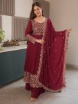 MODERN GEORGETTE EMBROIDERY & SEQUENCE WORK GOWN PALAZZO WITH DUPATTA MAROON
