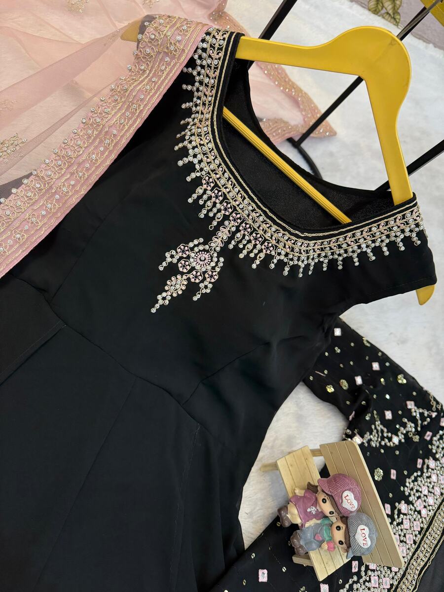 MODERN GEORGETTE EMBROIDERY WORK WITH CRYSTAL DIAMOND WORK GOWN KOTI WITH DUPATTA PARTY WEAR WHOLESALE PRICE ETHNIC GARMENT (1)