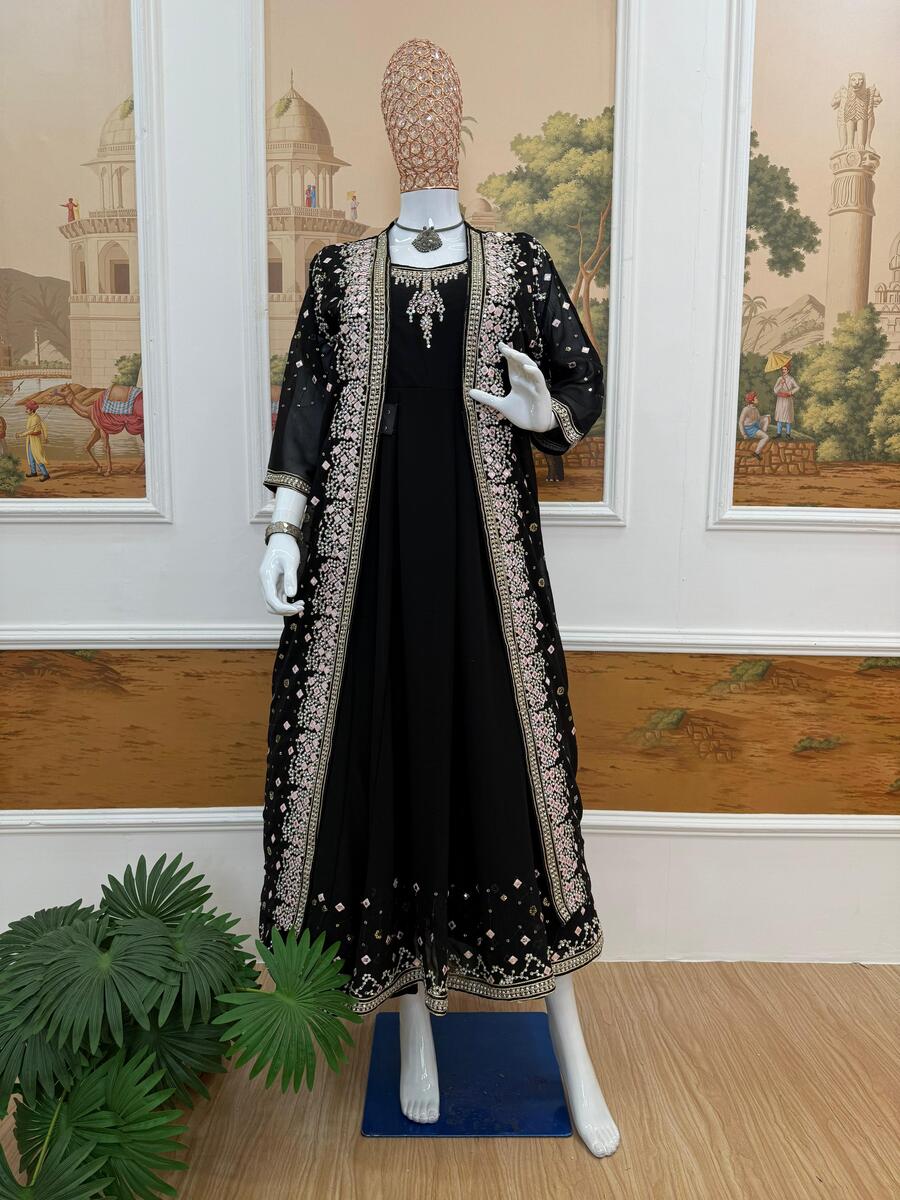 MODERN GEORGETTE EMBROIDERY WORK WITH CRYSTAL DIAMOND WORK GOWN KOTI WITH DUPATTA PARTY WEAR WHOLESALE PRICE ETHNIC GARMENT (2)