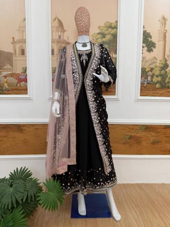 MODERN GEORGETTE EMBROIDERY WORK WITH CRYSTAL DIAMOND WORK GOWN KOTI WITH DUPATTA BLACK