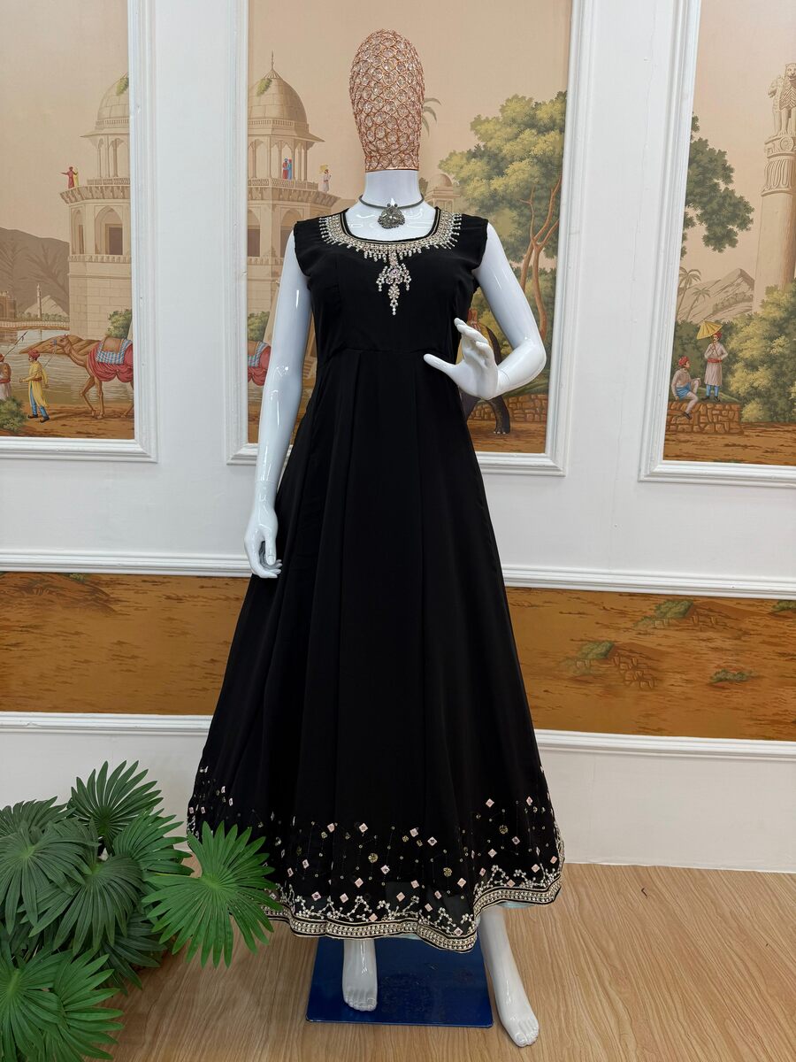 MODERN GEORGETTE EMBROIDERY WORK WITH CRYSTAL DIAMOND WORK GOWN KOTI WITH DUPATTA PARTY WEAR WHOLESALE PRICE ETHNIC GARMENT (5)