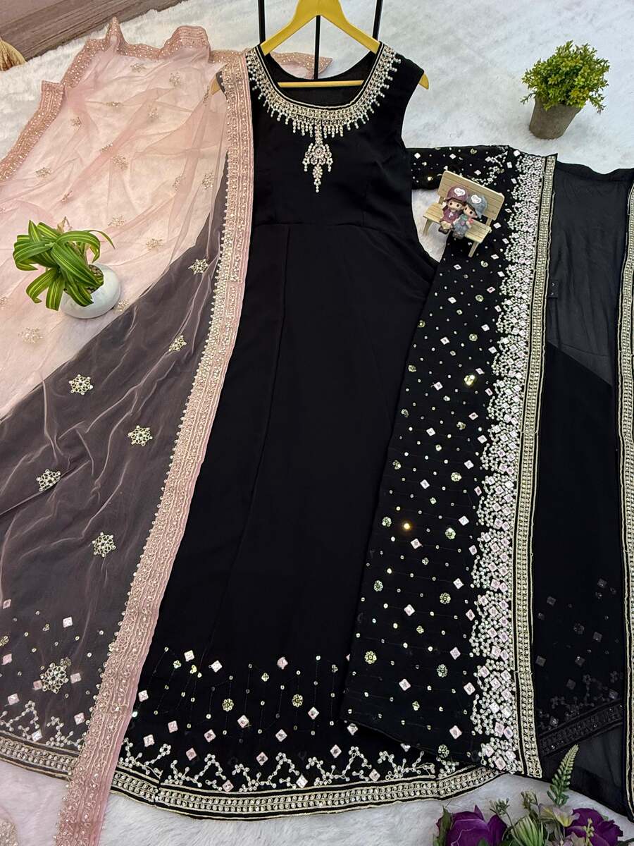 MODERN GEORGETTE EMBROIDERY WORK WITH CRYSTAL DIAMOND WORK GOWN KOTI WITH DUPATTA PARTY WEAR WHOLESALE PRICE ETHNIC GARMENT (7)