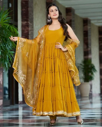 MODERN GEORGETTE GOTA PATTI WORK GOWN WITH DUPATTA MUSTARD