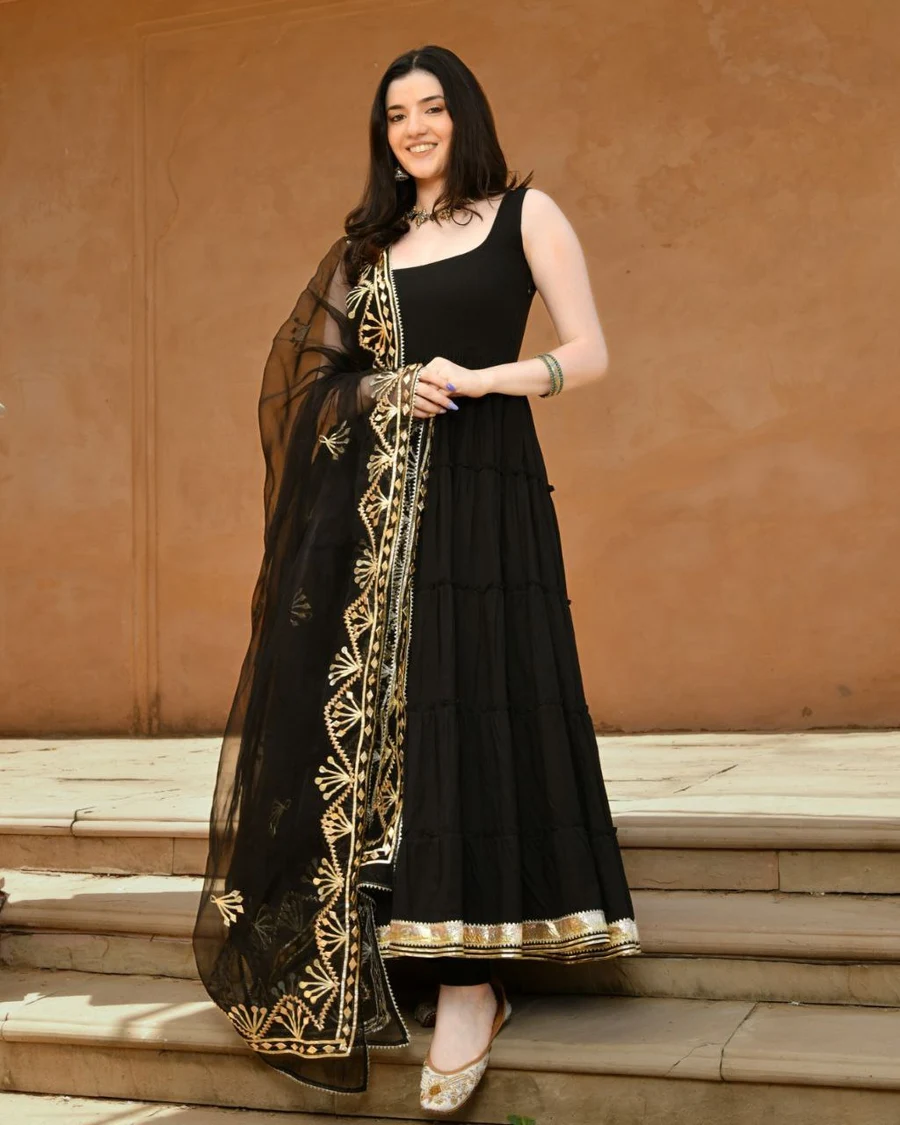 MODERN GEORGETTE GOTA PATTI WORK GOWN WITH DUPATTA PARTY WEAR WHOLESALE PRICE ETHNIC GARMENT (5)