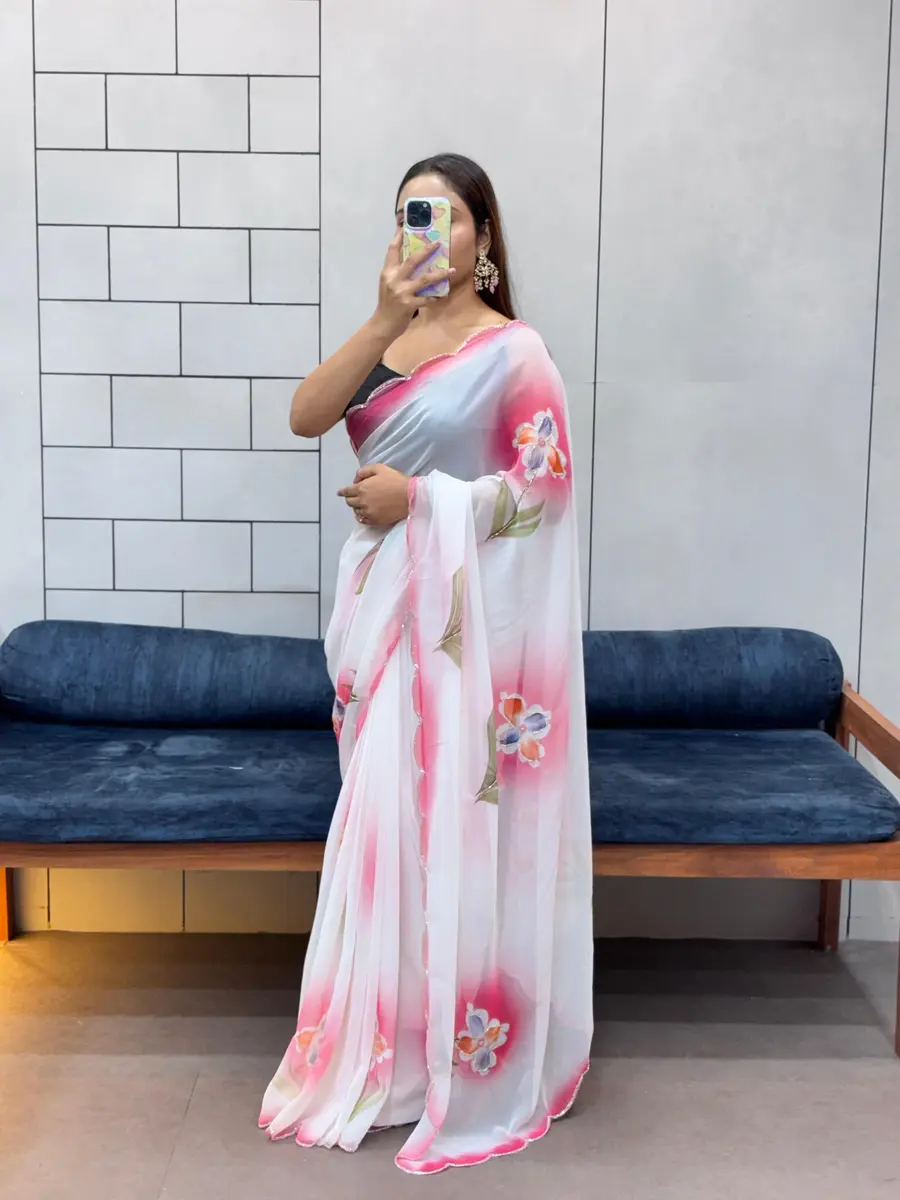 MODERN GEORGETTE HANDPAINT FLOWER PRINT PANEL WORK WITH CUT DANA HANDWORK SAREE WITH UNSTITCHED BLOUSE PARTY WEAR WHOLESALE PRICE ETHNIC GARMENT (12)