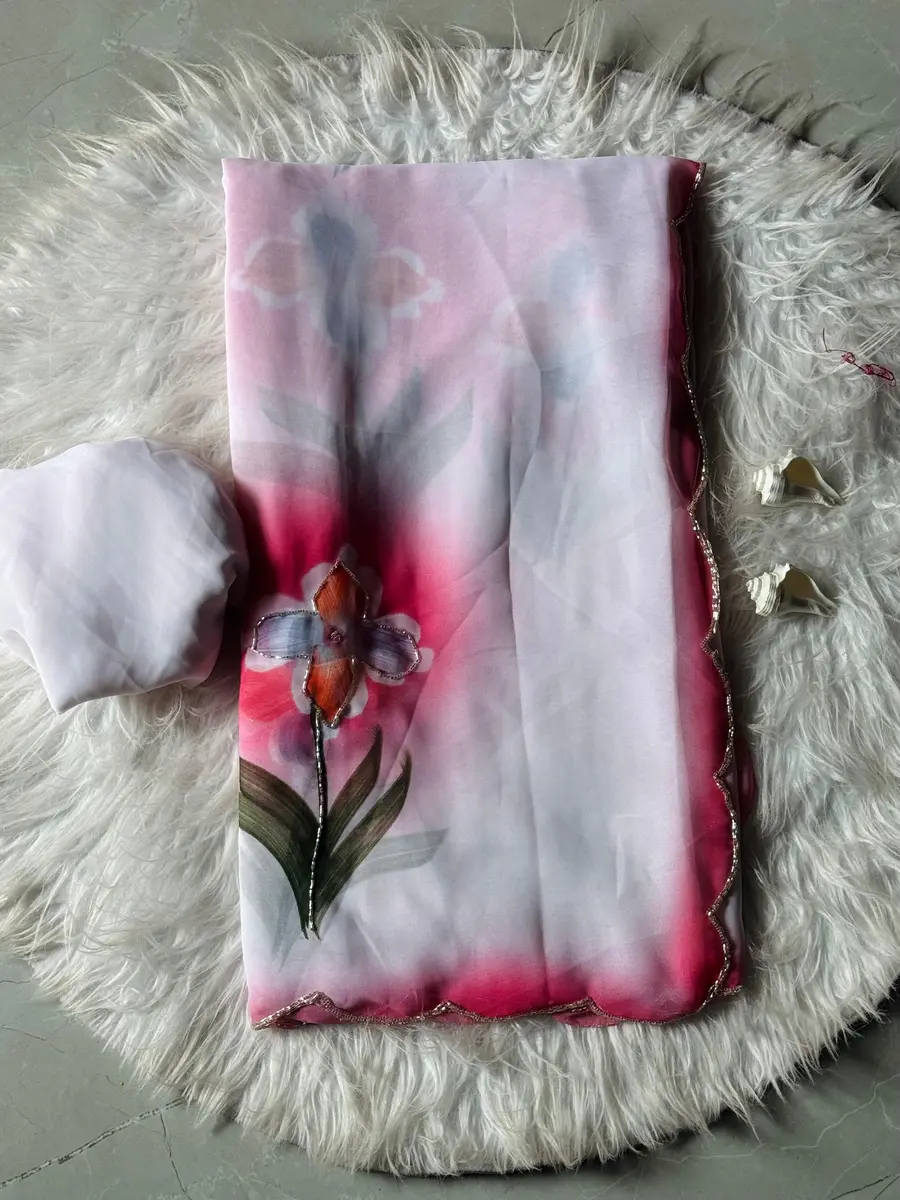 MODERN GEORGETTE HANDPAINT FLOWER PRINT PANEL WORK WITH CUT DANA HANDWORK SAREE WITH UNSTITCHED BLOUSE PARTY WEAR WHOLESALE PRICE ETHNIC GARMENT (5)