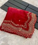 MODERN JIMMY CHOO SILK EMBROIDERY SEQUENCE AND ZARI WORK WITH CUT WORK BORDER WORK SAREE WITH STITCHED BLOUSE WEDDING WEAR WHOLESALE PRICE ETHNIC GARMENT (18)