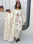 MODERN KHADI COTTON EMBROIDERY THREAD WORK TOP BOTTOM WITH DUPATTA OFF WHITE