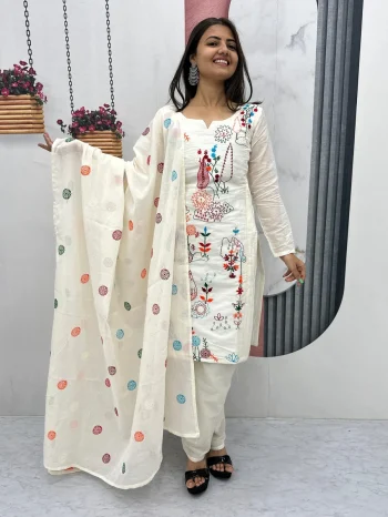 MODERN KHADI COTTON EMBROIDERY THREAD WORK TOP BOTTOM WITH DUPATTA OFF WHITE