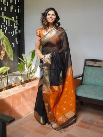MODERN LINEN WEAVING WORK SAREE WITH UNSTITCHED BLOUSE BLACK
