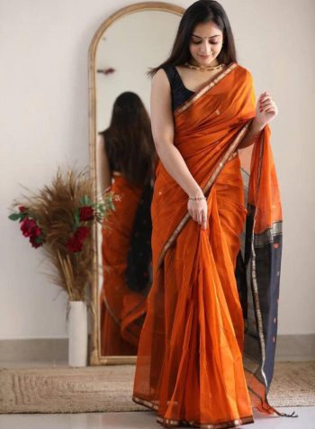MODERN LINEN WEAVING WORK SAREE WITH UNSTITCHED BLOUSE ORANGE