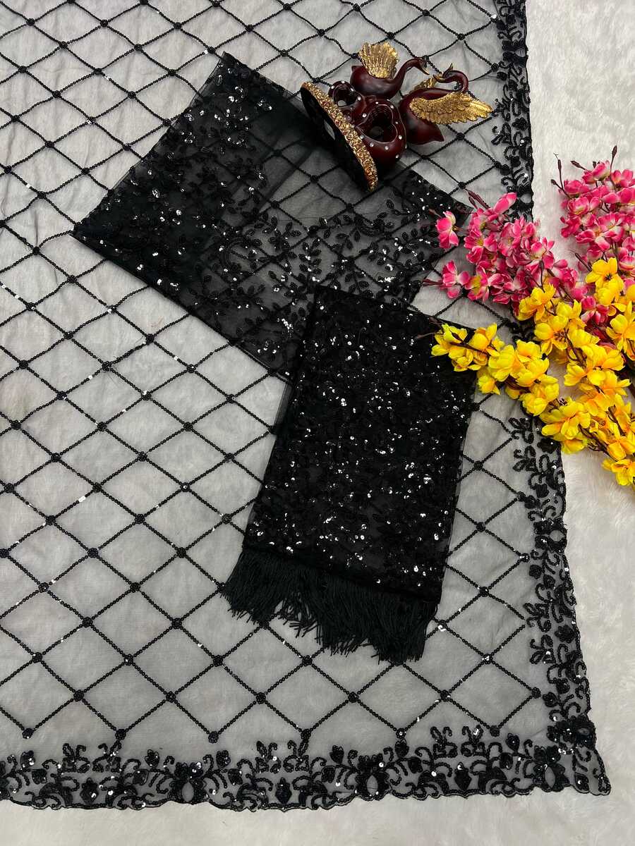 MODERN NET SEQUENCE EMBROIDERY WORK WITH CUT BORDER WORK SAREE WITH UNSTITCHED BLOUSE PARTY WEAR WHOLESALE PRICE ETHNIC GARMENT (13)