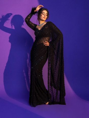 MODERN NET SEQUENCE EMBROIDERY WORK WITH CUT BORDER WORK SAREE WITH UNSTITCHED BLOUSE BLACK