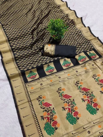 MODERN PAITHANI SILK ZARI WEAVING WORK SAREE WITH UNSTITCHED BLOUSE BLACK