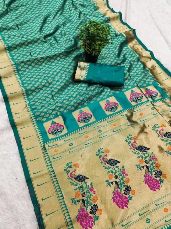 MODERN PAITHANI SILK ZARI WEAVING WORK SAREE WITH UNSTITCHED BLOUSE RAMA