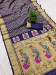 MODERN PAITHANI SILK ZARI WEAVING WORK SAREE WITH UNSTITCHED BLOUSE NAVY BLUE