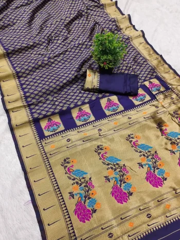 MODERN PAITHANI SILK ZARI WEAVING WORK SAREE WITH UNSTITCHED BLOUSE NAVY BLUE