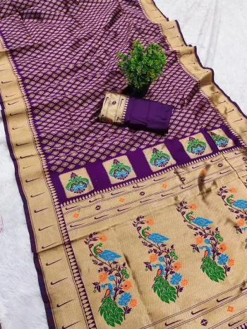 MODERN PAITHANI SILK ZARI WEAVING WORK SAREE WITH UNSTITCHED BLOUSE WINE