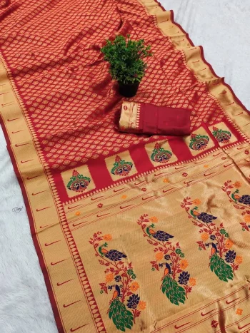 MODERN PAITHANI SILK ZARI WEAVING WORK SAREE WITH UNSTITCHED BLOUSE RED