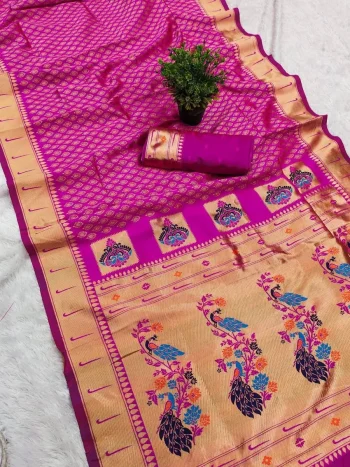MODERN PAITHANI SILK ZARI WEAVING WORK SAREE WITH UNSTITCHED BLOUSE PINK