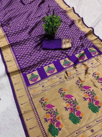 MODERN PAITHANI SILK ZARI WEAVING WORK SAREE WITH UNSTITCHED BLOUSE PURPLE
