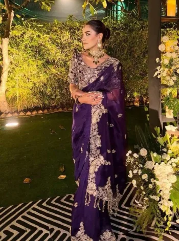 MODERN RANGOLI SILK EMBROIDERY SEQUENCE AND CODING WORK WITH CUT BORDER WORK SAREE WITH STITCHED BLOUSE PURPLE