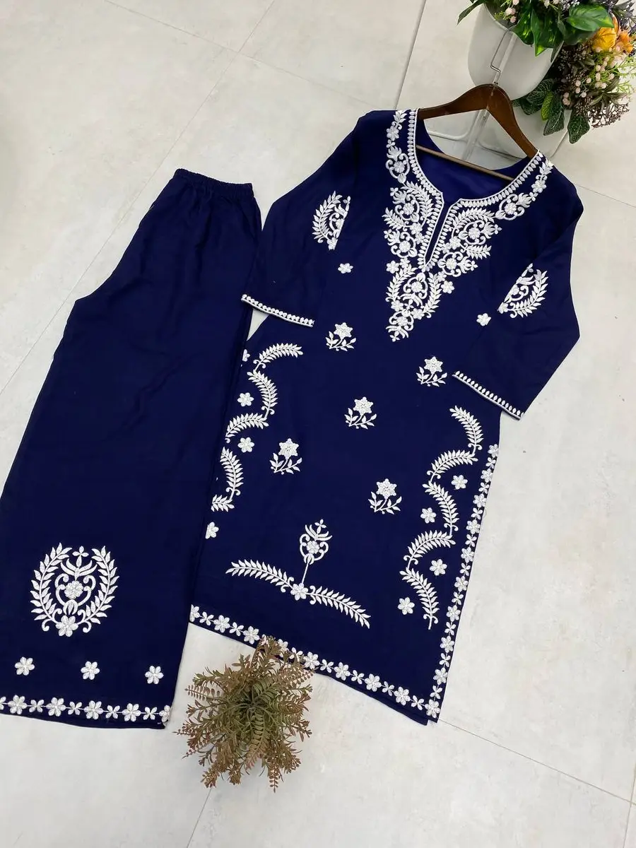 MODERN RAYON EMBROIDERY WORK KURTI PALAZZO SET OFFICE WEAR WHOLESALE PRICE ETHNIC GARMENT (10)