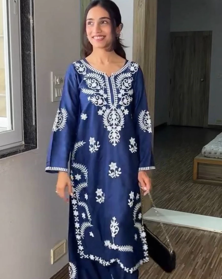 MODERN RAYON EMBROIDERY WORK KURTI PALAZZO SET OFFICE WEAR WHOLESALE PRICE ETHNIC GARMENT (2)