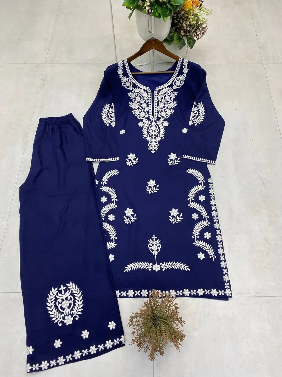 MODERN RAYON EMBROIDERY WORK KURTI PALAZZO SET OFFICE WEAR WHOLESALE PRICE ETHNIC GARMENT (7)