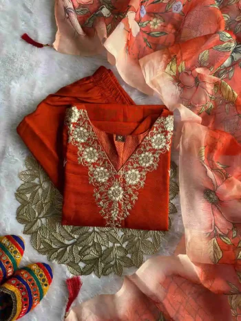 MODERN ROMAN SILK EMBROIDERY WITH SEQUENCE WORK TOP BOTTOM WITH DUPATTA ORANGE