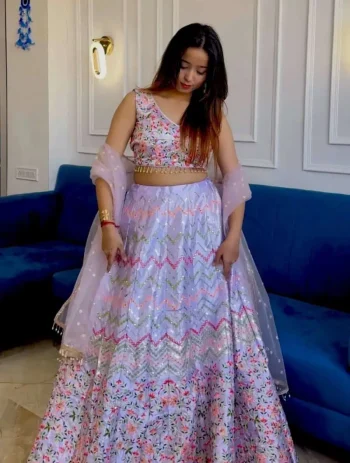 MODERN SATIN SILK SEQUENCE & THREAD WORK LEHENGA CHOLI WITH DUPATTA  LAVENDER