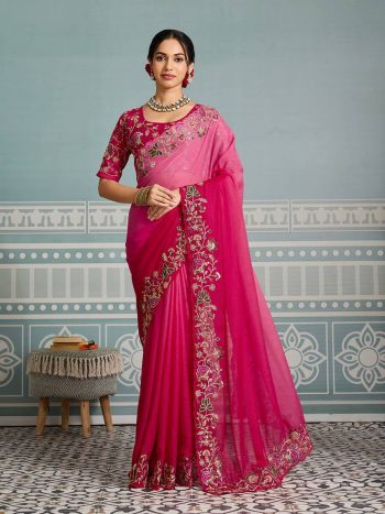 MODERN STAR GEORGETTE EMBROIDERY CUTWORK WORK ARC BORDER WORK SAREE WITH UNSTITCHED BLOUSE RANI